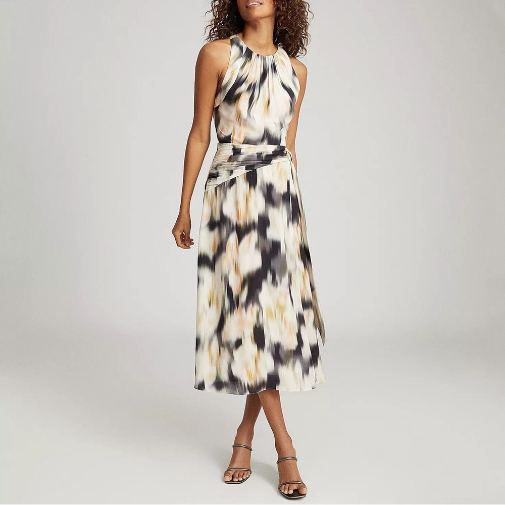 REISS Gisele Smudge Print Midi Dress